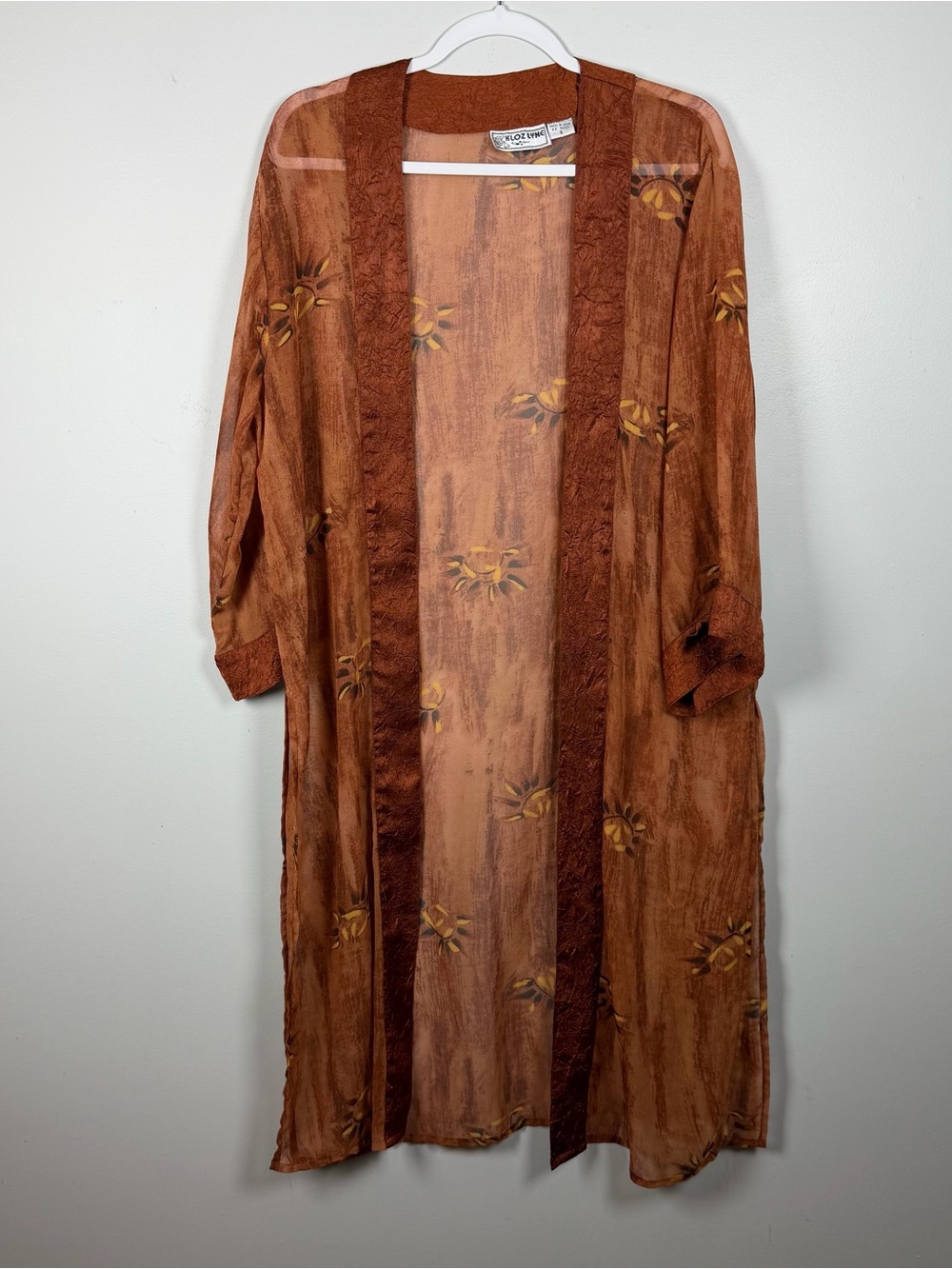 KLOZLYNE Orange Rust Sheer Duster Kimono Cardigan Long Sleeve Artsy Small Boho